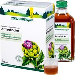 Eine Flasche Artischockensaft und eine Packung mit Dosierbecher.
