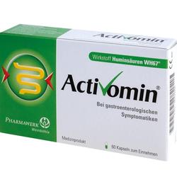 Verpackung von Activomin mit 60 Kapseln gegen Magen-Darm-Beschwerden.