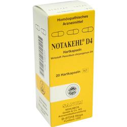Gelbe Verpackung mit homöopathischen Kapseln namens Notakehl D4.