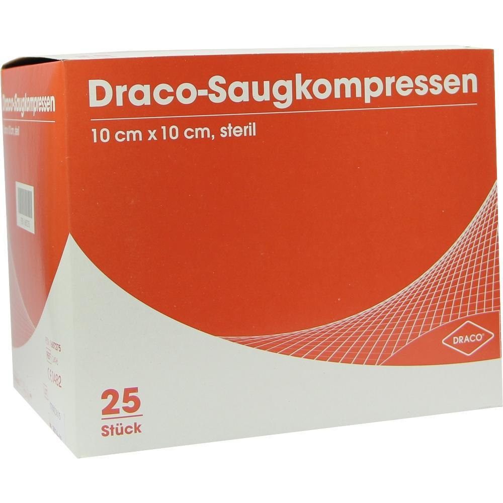 Rote Packung mit 25 sterilen, saugfähigen Kompressen, 10x10 cm.