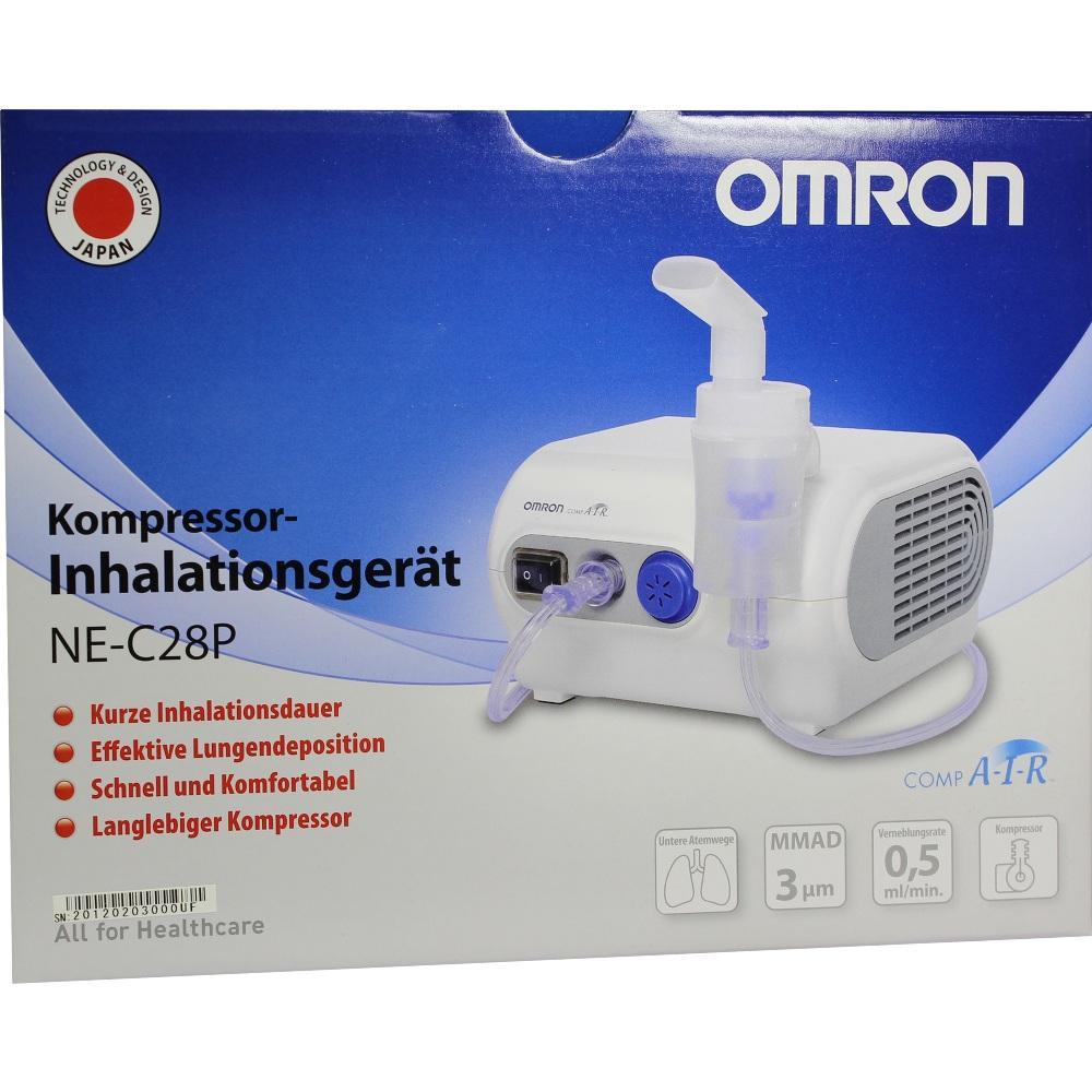Ein weißes Inhalationsgerät mit Schlauch auf einer blauen Verpackung.