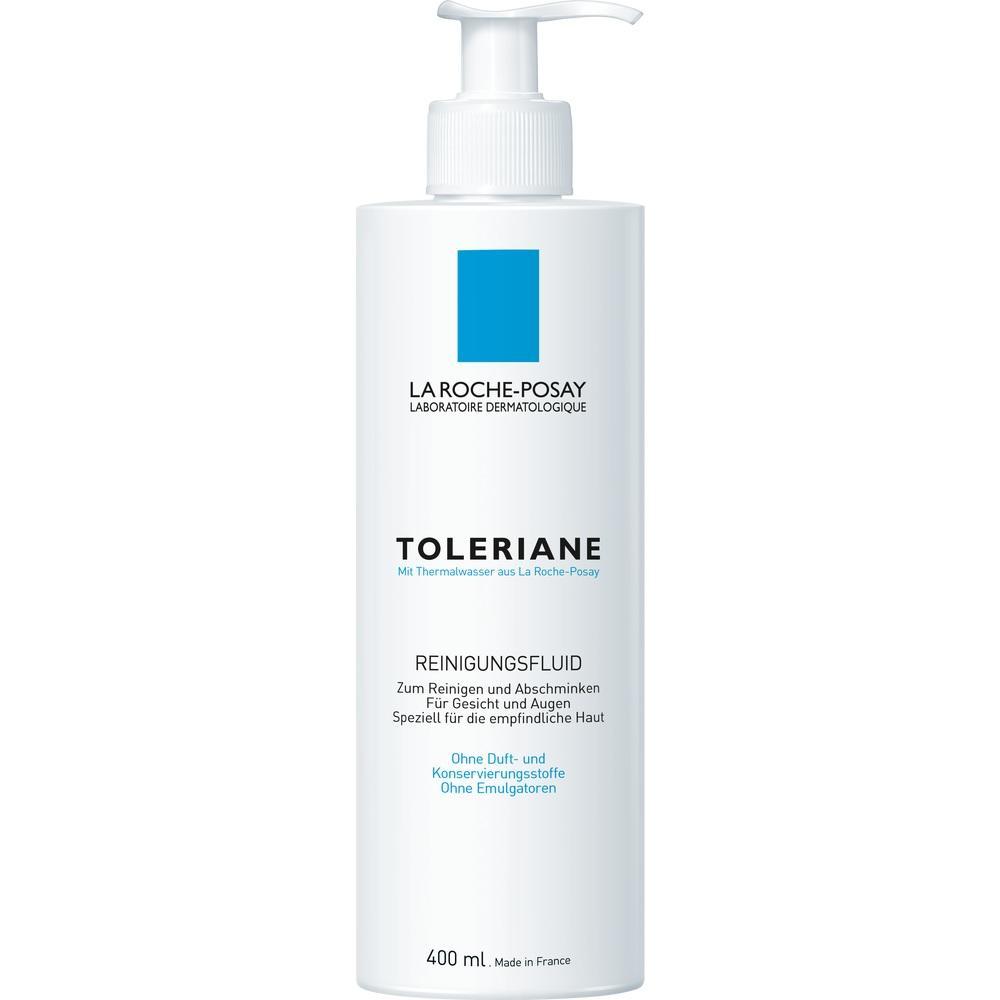 Weiße Flasche mit Pumpe, enthält Toleriane Reinigungsfluid von La Roche-Posay.
