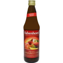 Flasche Rabenhorst-Saft mit der Aufschrift "Für das Immunsystem" und Obstabbildungen.