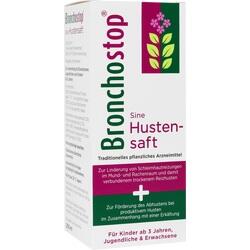 Verpackung von Bronchostop Hustensaft mit pflanzlichen Zutaten gegen Husten.